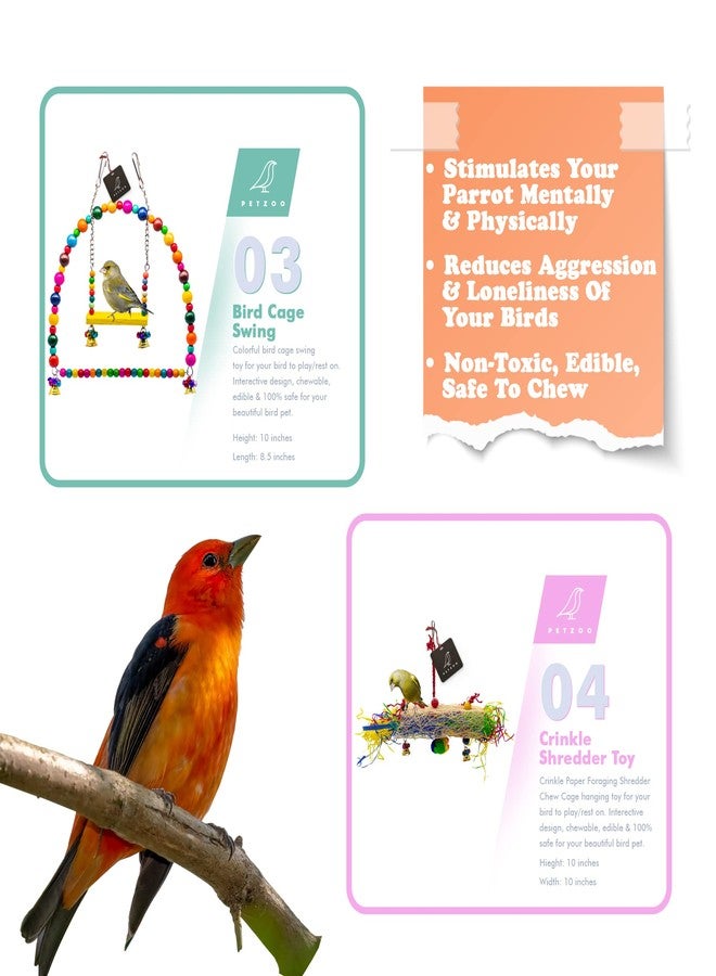 PETZOO Bundle of 8 Birds Toys Climbing Net, Paper Shredded Foraging Chew, Swings, Ring Perches & Hangings - Image 3